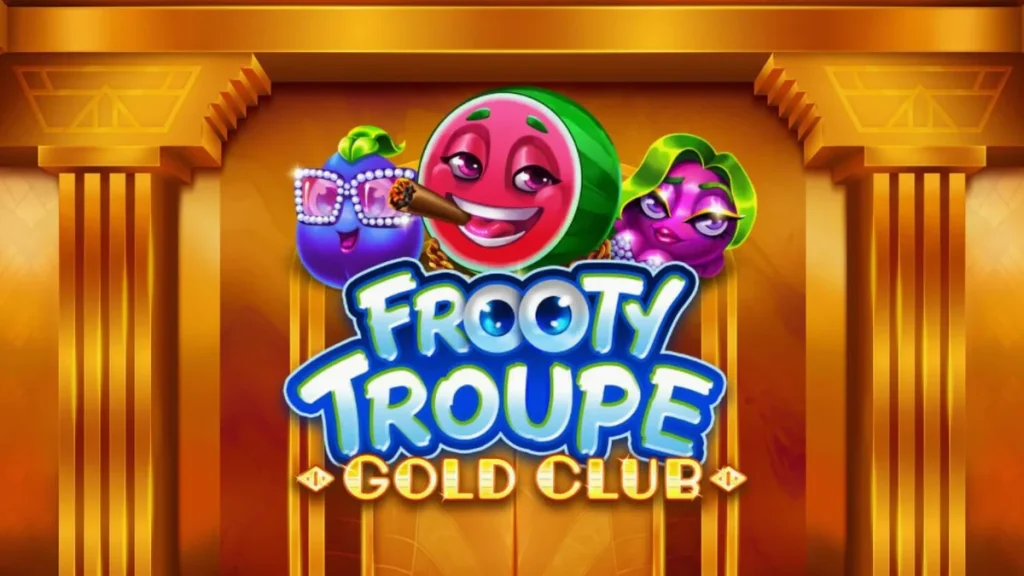 Tampilan visual mewah slot Frooty Troupe – Gold Club dengan nuansa emas dan simbol buah.