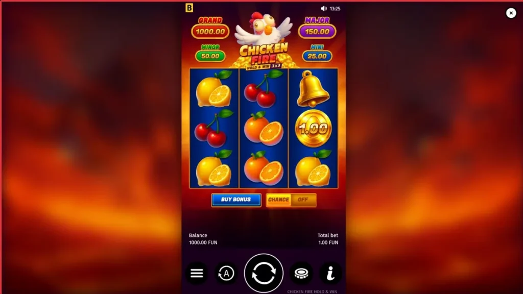 Tampilan visual slot Chicken Fire dengan tema buah dan ayam kartun