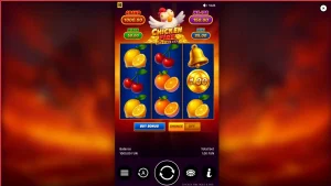 Tampilan visual slot Chicken Fire dengan tema buah dan ayam kartun